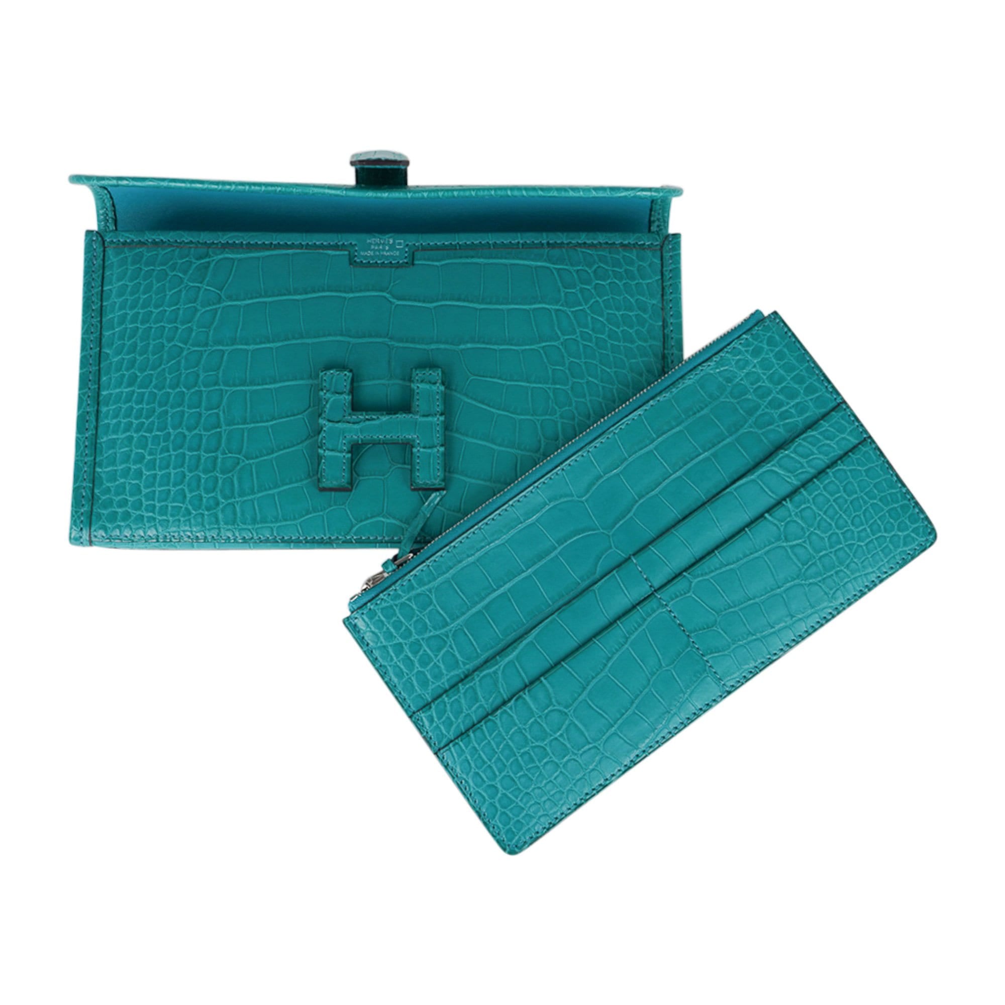 Hermes Jige Mini Dobris Chevre Anis Green Turquoise J Engraved Clutch Bag Bicolor Blue 0057