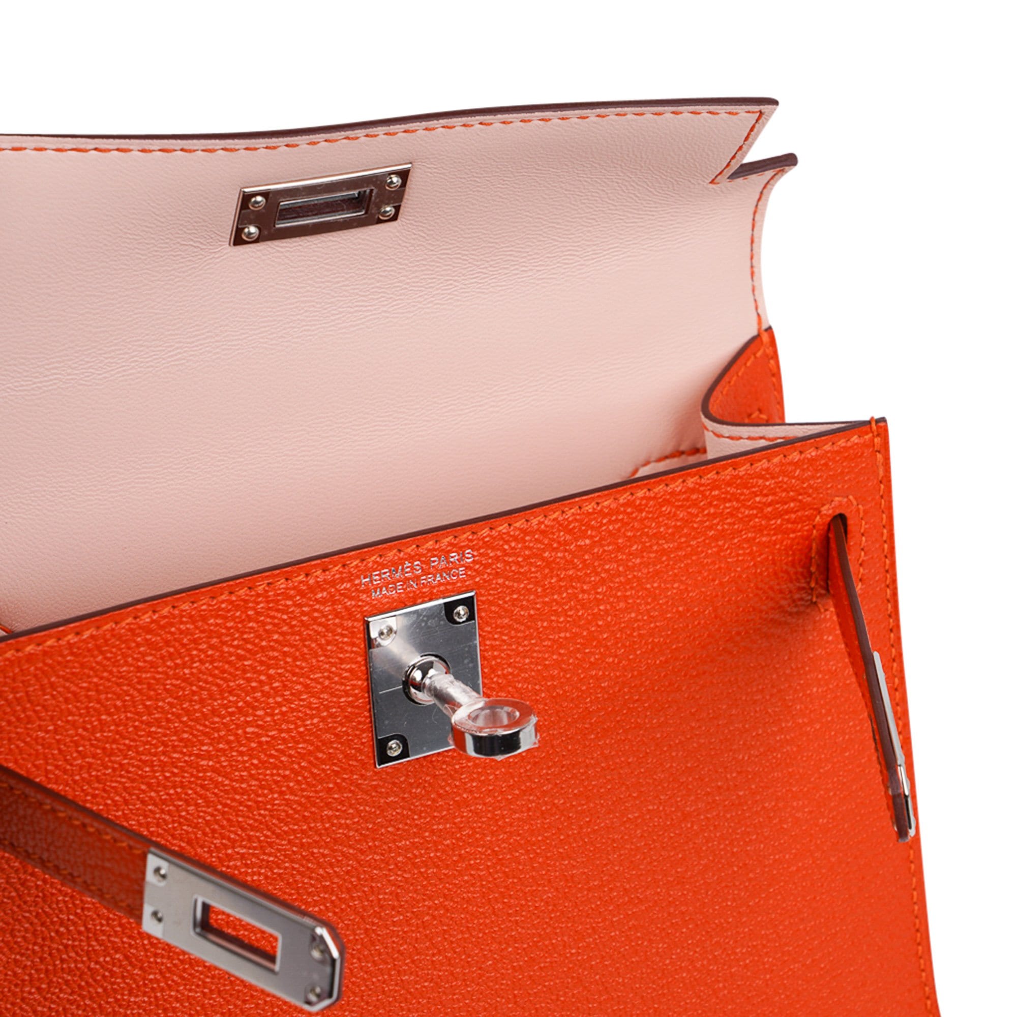 Hermes Kelly 20 Mini Sellier Bag Orange Feu / Rose Eglantine Chevre Bi-Color New w/Box