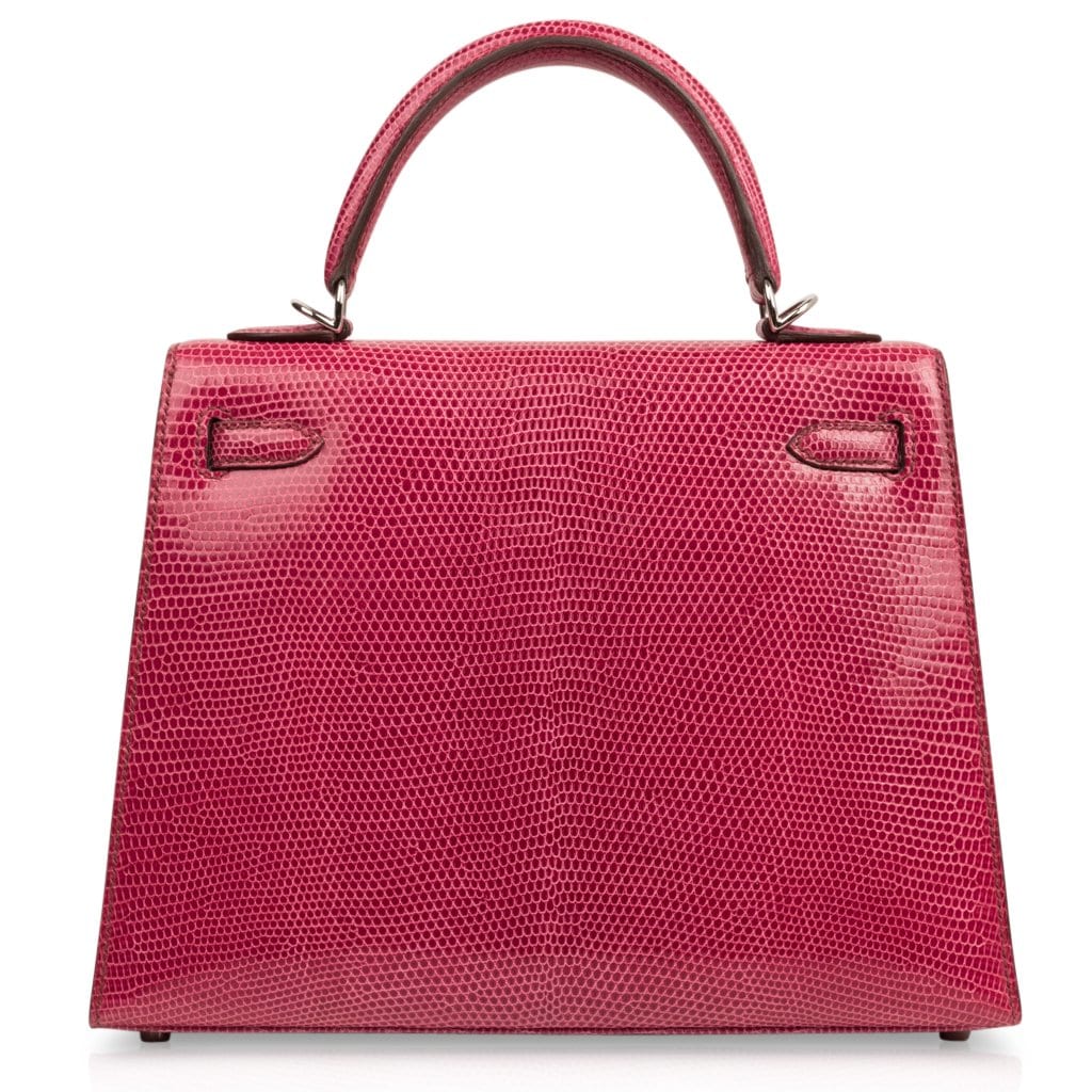Hermes Kelly 25 Bag Sellier Fuschia Pink Lizard Palladium - mightychic