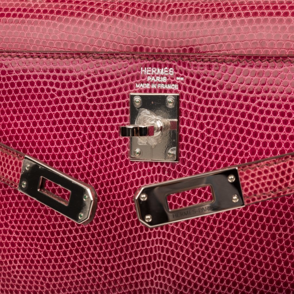 Hermès Kelly 25 Sellier Fuschia Pink Lizard Palladium Hardware 1997, A  Square