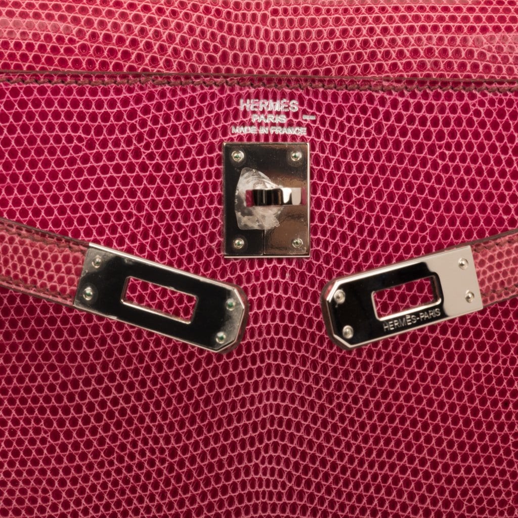 Hermès Kelly 25 Sellier Fuschia Pink Lizard Palladium Hardware - 1997, A  Square