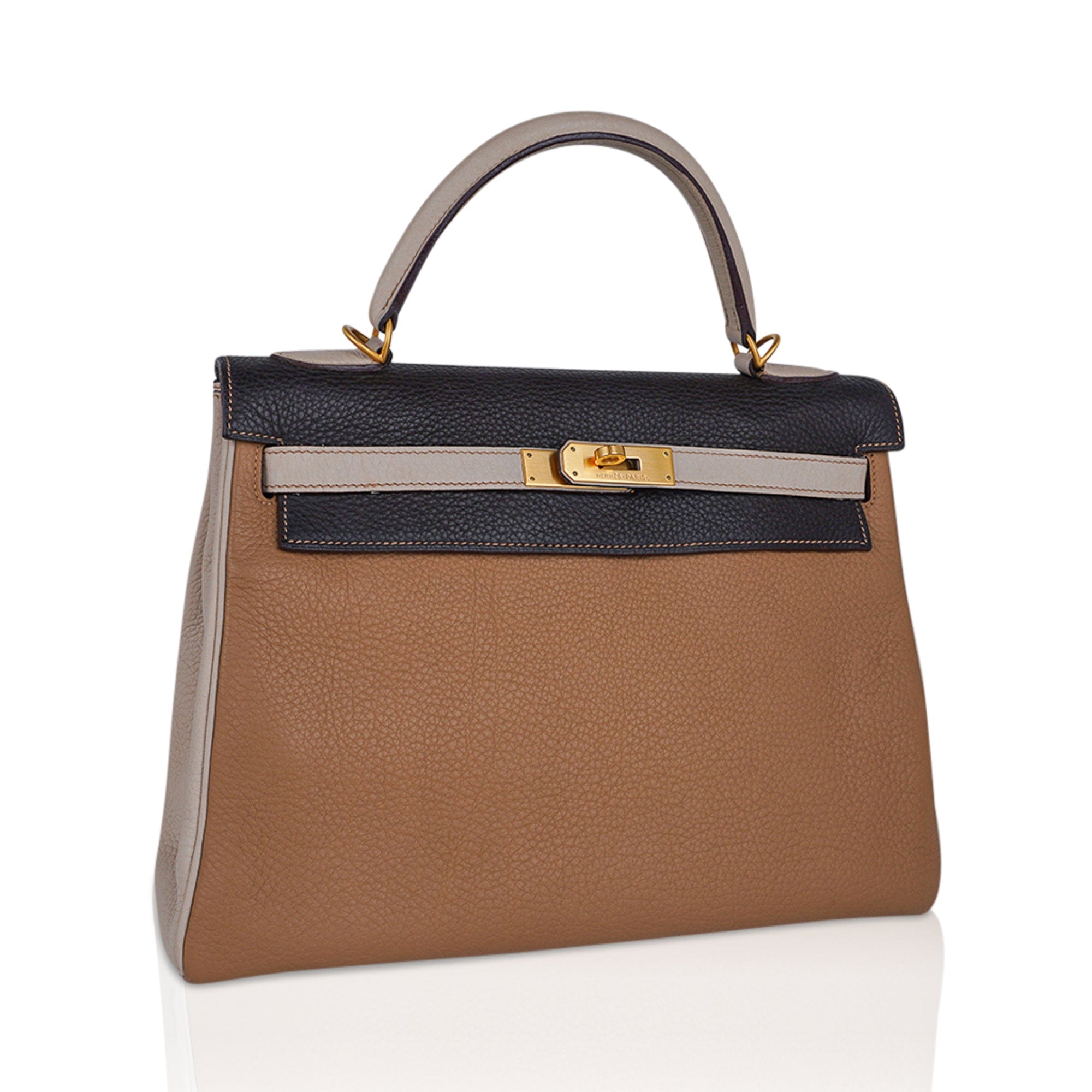Hermes Limited Edition Kelly 32 Tri-Color Bag Tabac Camel, Ebene, & Parchemin Clemence Leather with Brushed Gold Hardware
