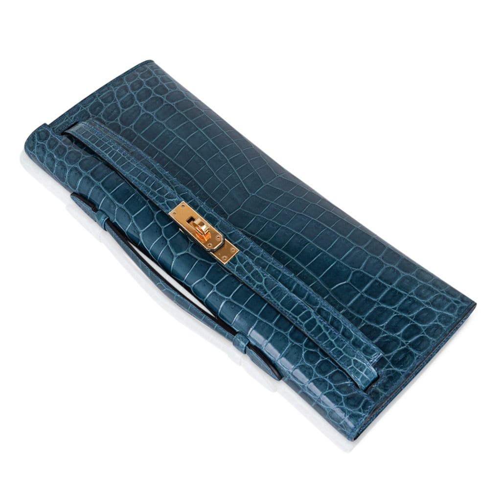 Hermes Kelly Cut Bleu Colvert Crocodile Gold Hardware Clutch Bag
