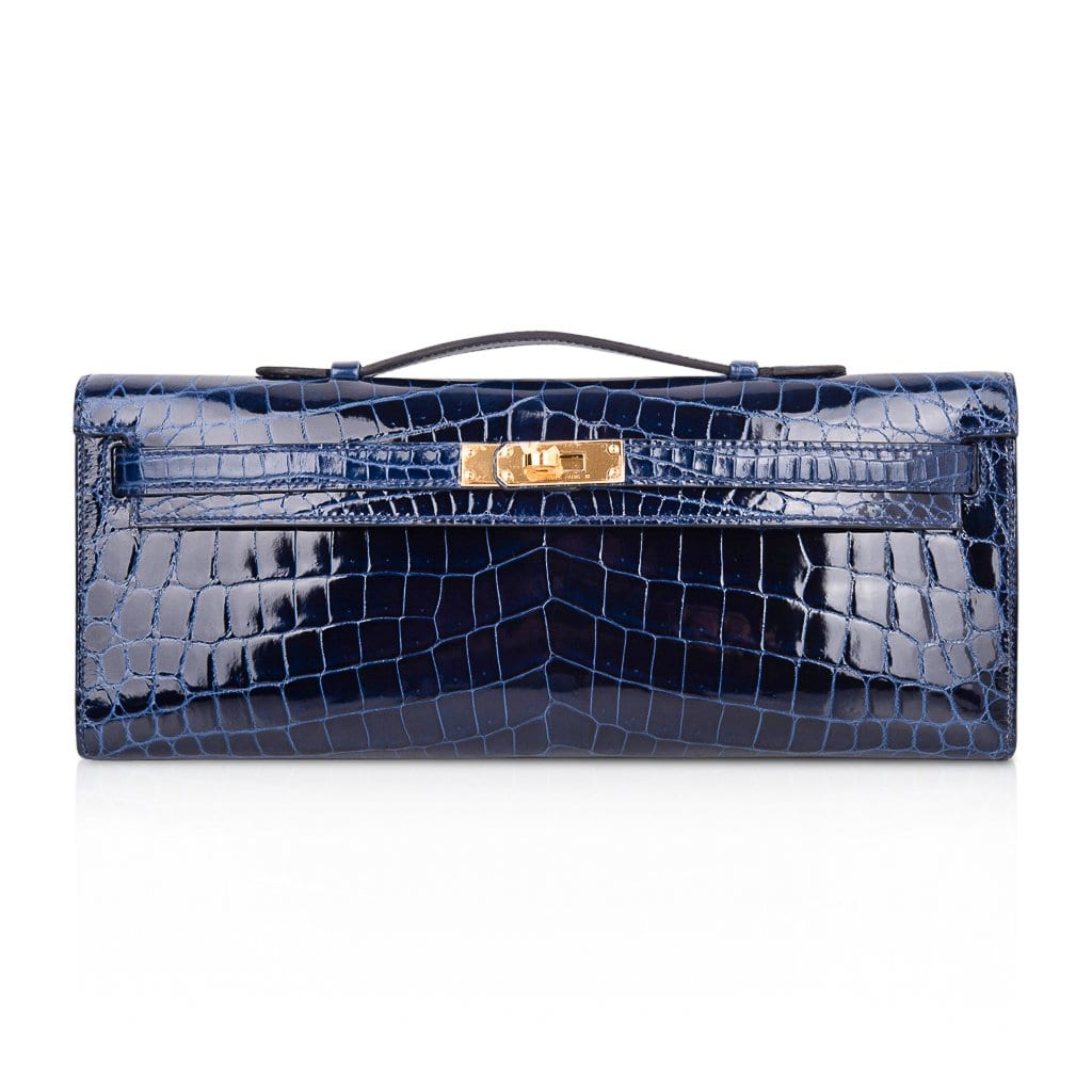 Hermes Kelly Cut Blue Sapphire Crocodile Clutch Bag Gold Hardware