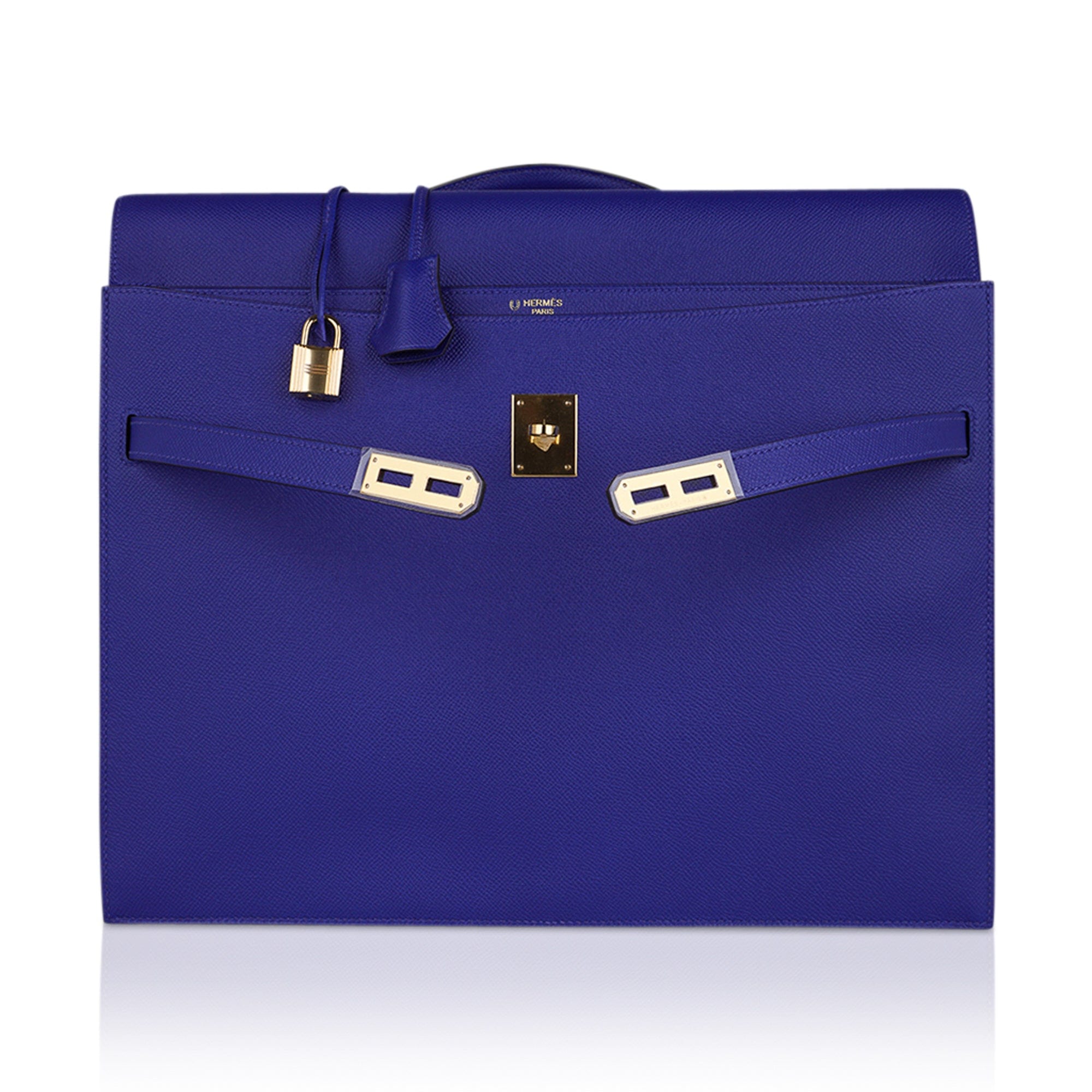 Hermes Kelly Depeches HSS 38 Briefcase Blue Electric Gold Hardware Epsom Hardware