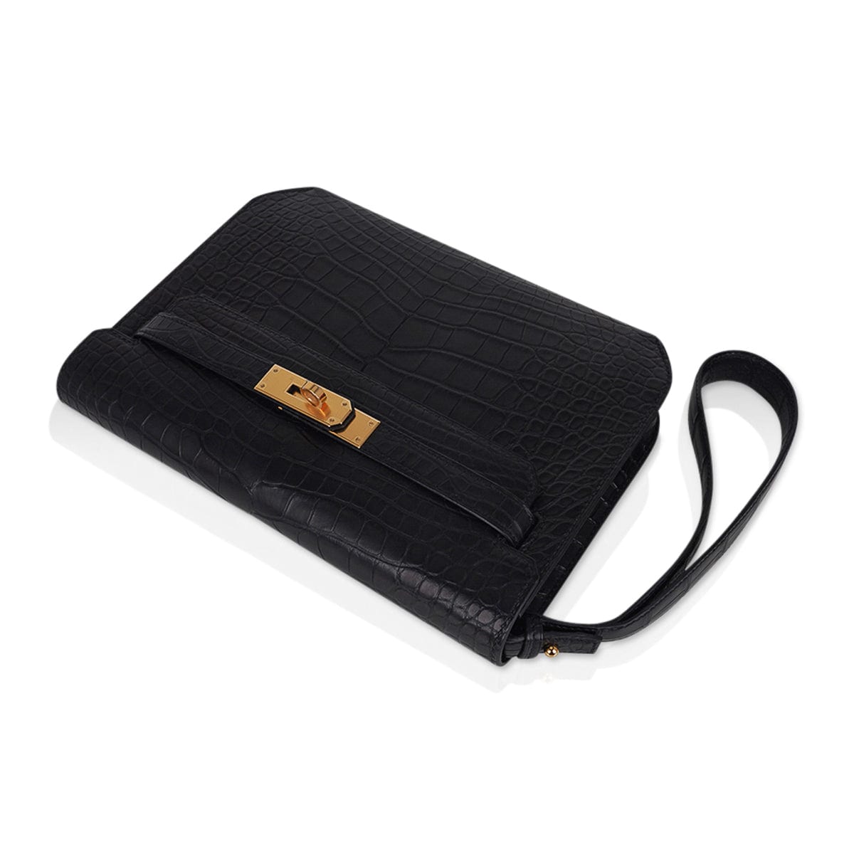 Hermes Kelly Depeches 25 Pouch Black Matte Alligator Gold Hardware New –  Mightychic