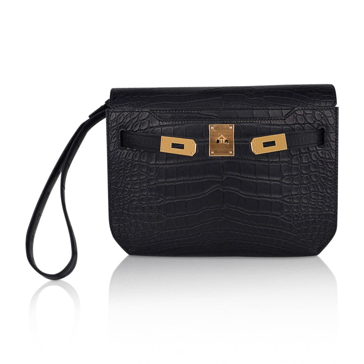 Hermes Kelly Depeches 25 Pouch Black Matte Exotic Gold Hardware •  MIGHTYCHIC • 