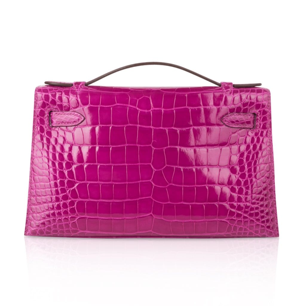 Hermes Kelly Pochette Bag Rose Scheherazade Pink Alligator Clutch Gold  Hardware