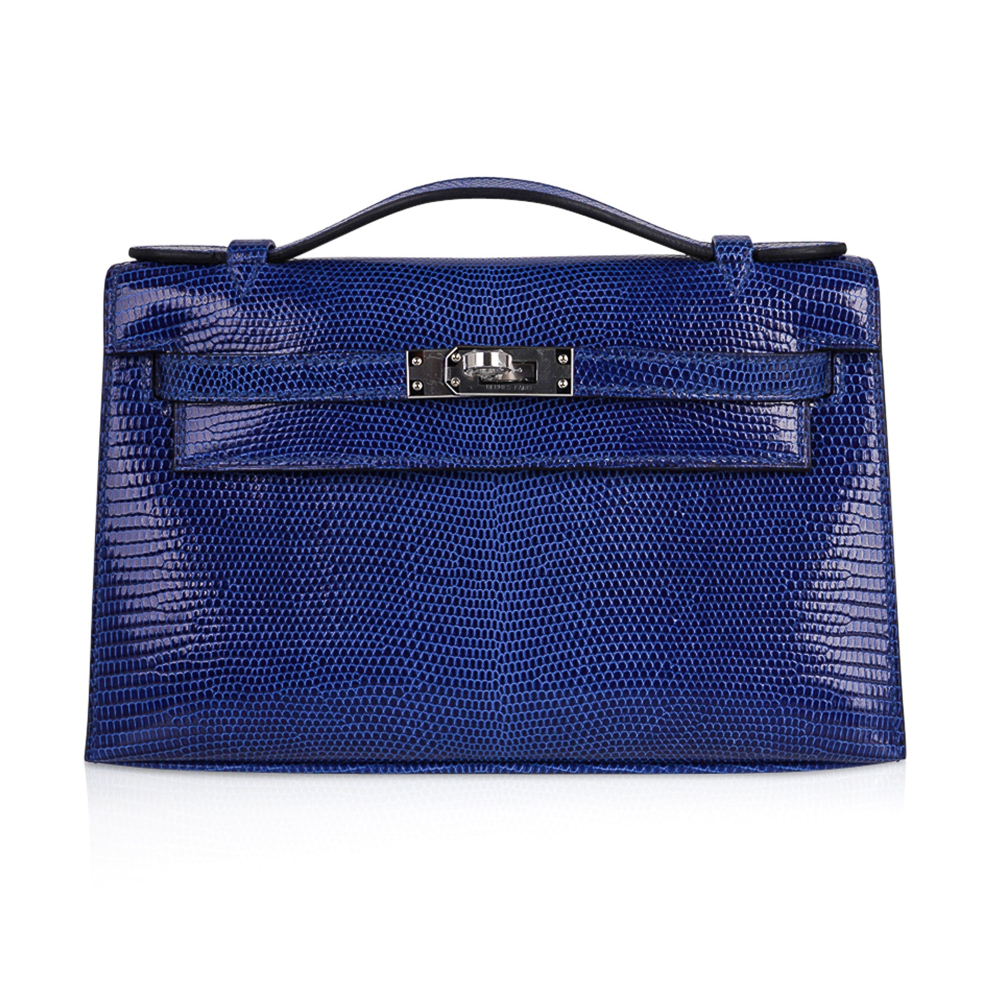 Hermes Kelly Pochette Bag Blue Sapphire Lizard Clutch Palladium Hardware
