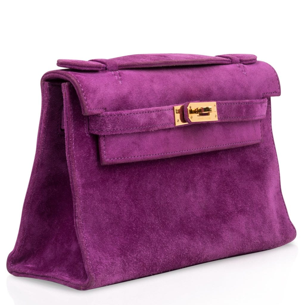 Hermes Kelly Pochette Suede Violet Purple Clutch Bag Gold - mightychic