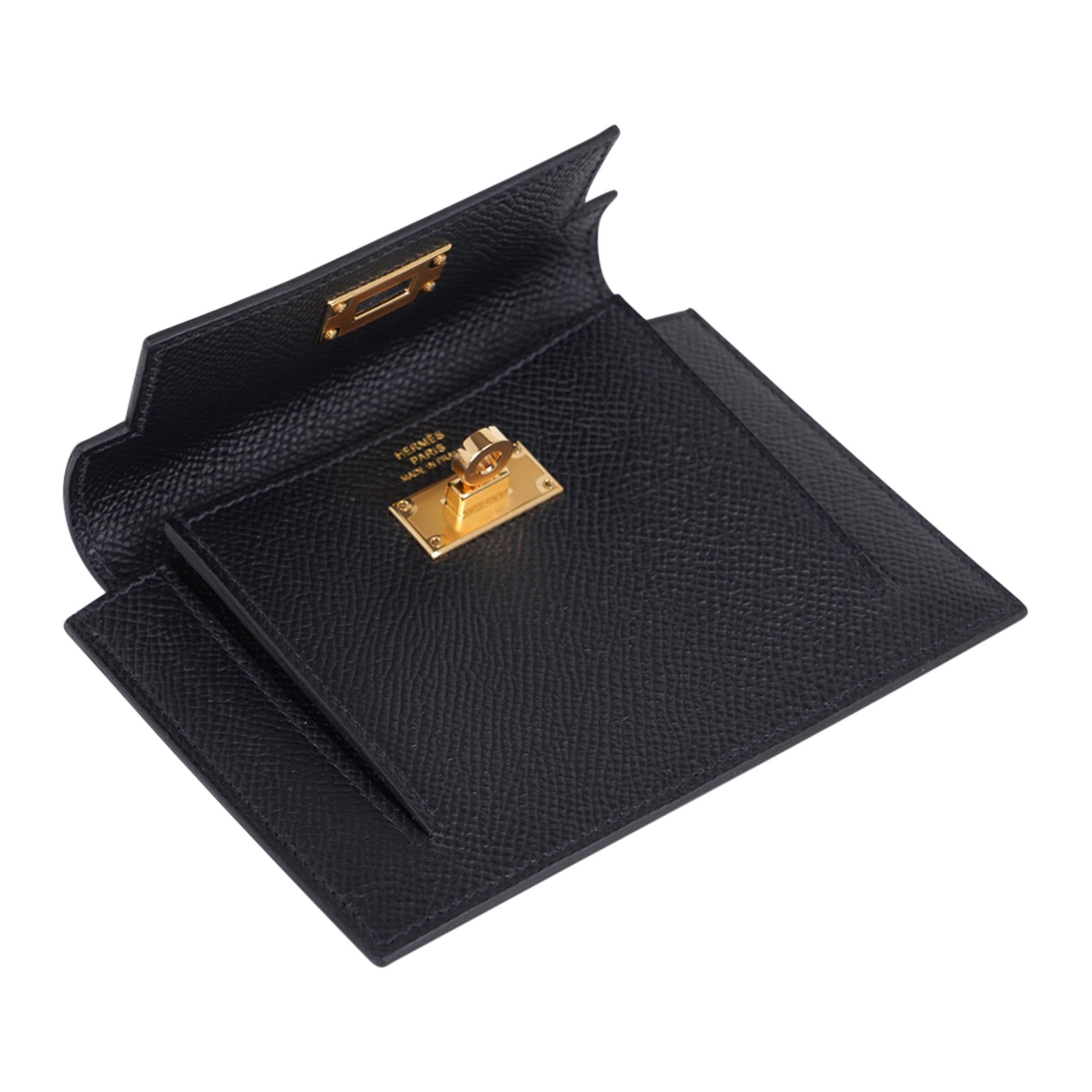 Hermes Kelly Pocket Compact Wallet Noir Gold Hardware New w/Box