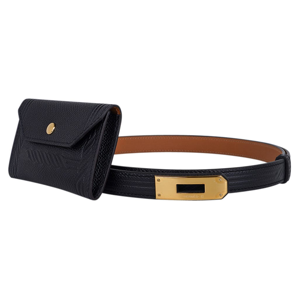 New Hermes Kelly Pocket 18 Belt - Black With Gold Hardware