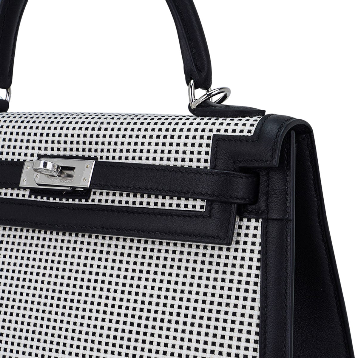 Reserved Hermes Kelly 25 Sellier, White and Black Toile with Caban Swift  with Palladium Hardware, New in Box WA001