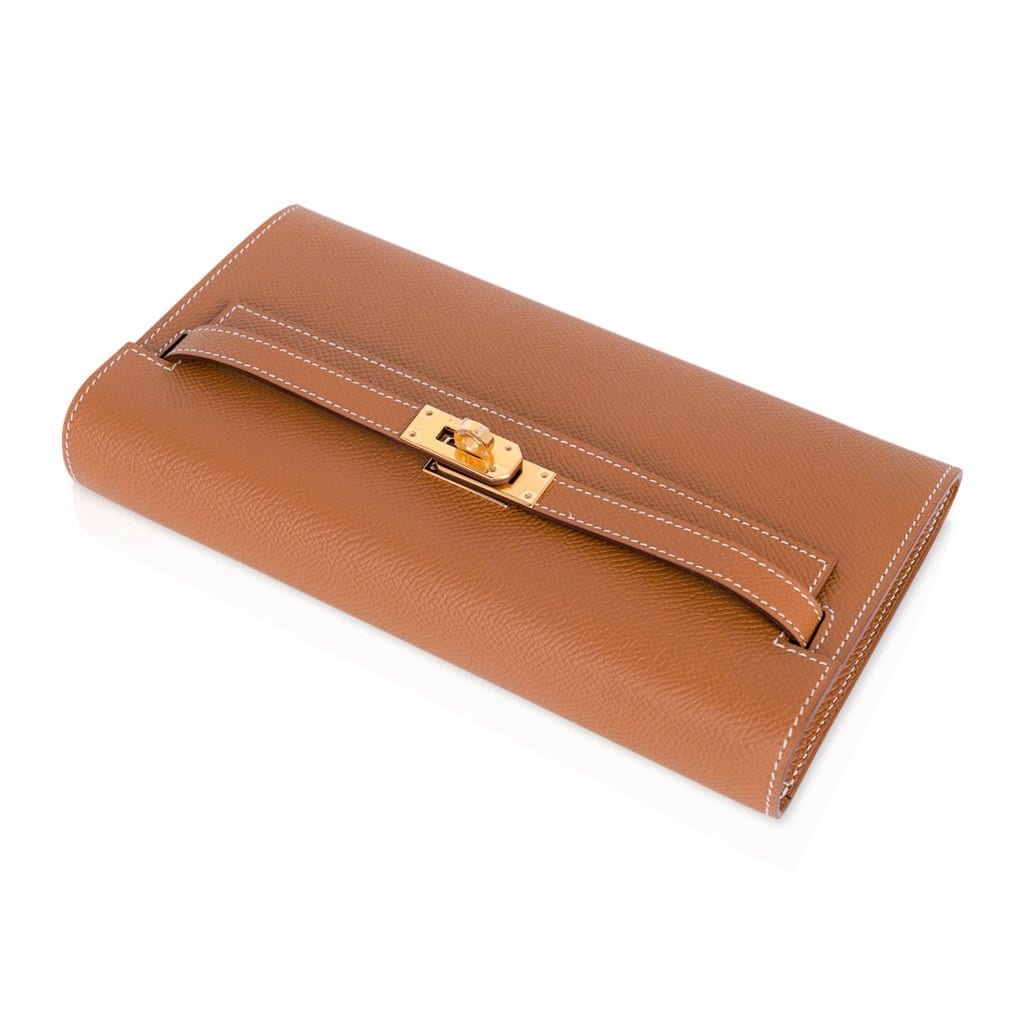 Hermes Kelly Classique To Go Wallet W/Strap Parchemin Ostrich Leather 3C  Gold Ha