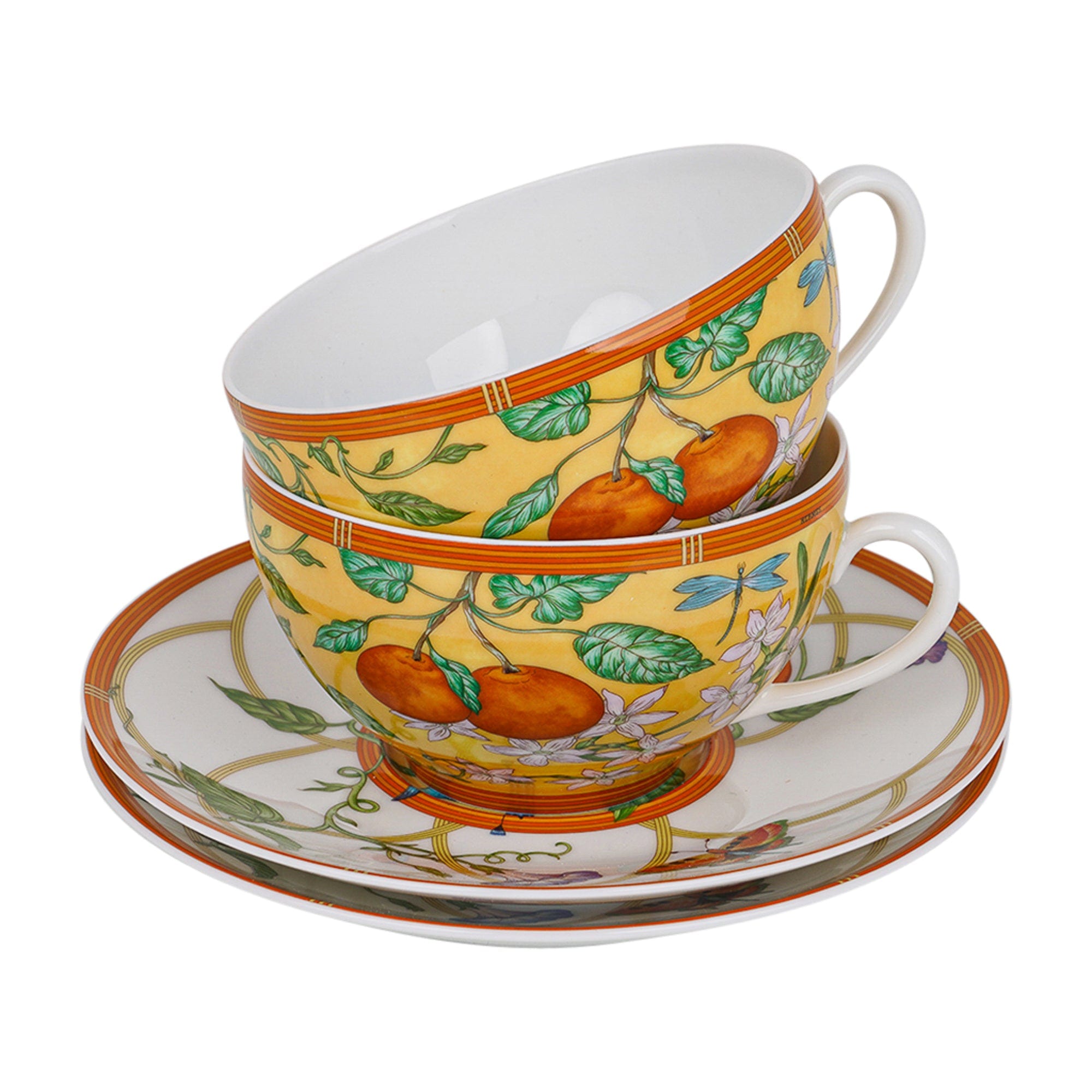 2 x Hermes Porcelain Siesta Chinese Style Tea Cup Saucer Tableware Yellow  w/Box