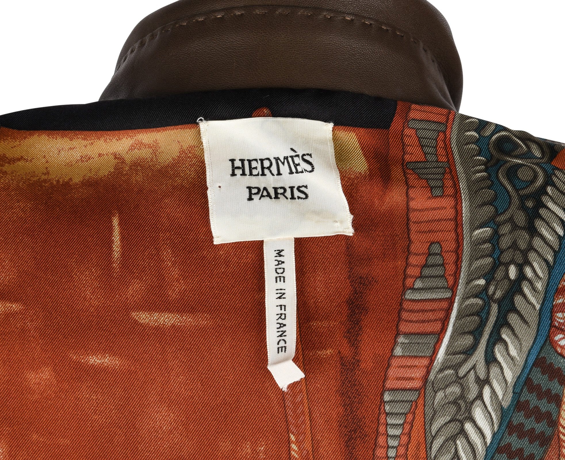 Hermes Jacket Brown Lambskin Leather Silk Print Interior Blazer 38 / 8 New