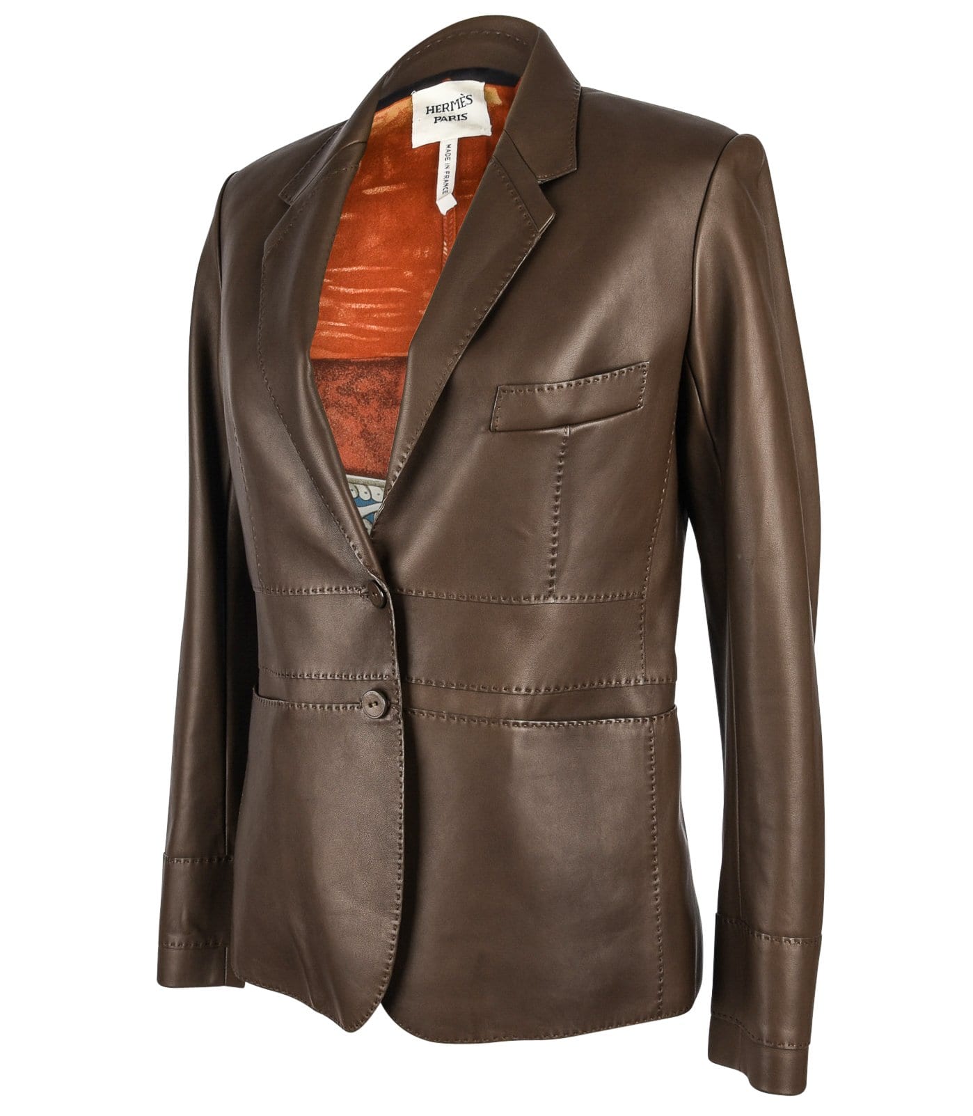 Hermes Jacket Brown Lambskin Leather Silk Print Interior Blazer 38 / 8 New