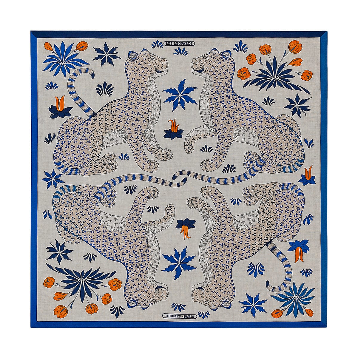 Hermes Cashmere & Silk Shawl/ Scarf 140 Les Leopards Natural/ Bleu/ Orange