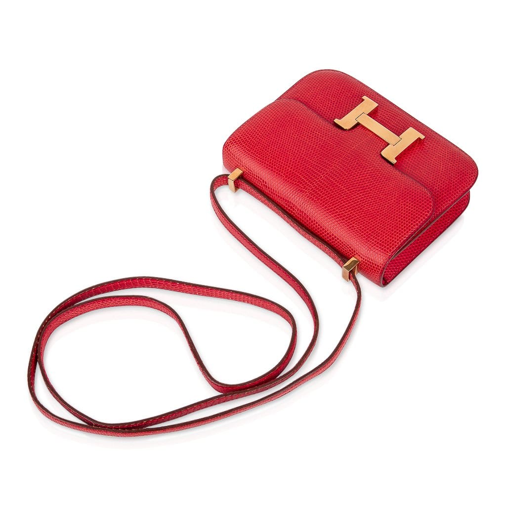 Hermes 18cm Rouge H Lizard Double Gusset Constance Bag with Gold, Lot  #56070