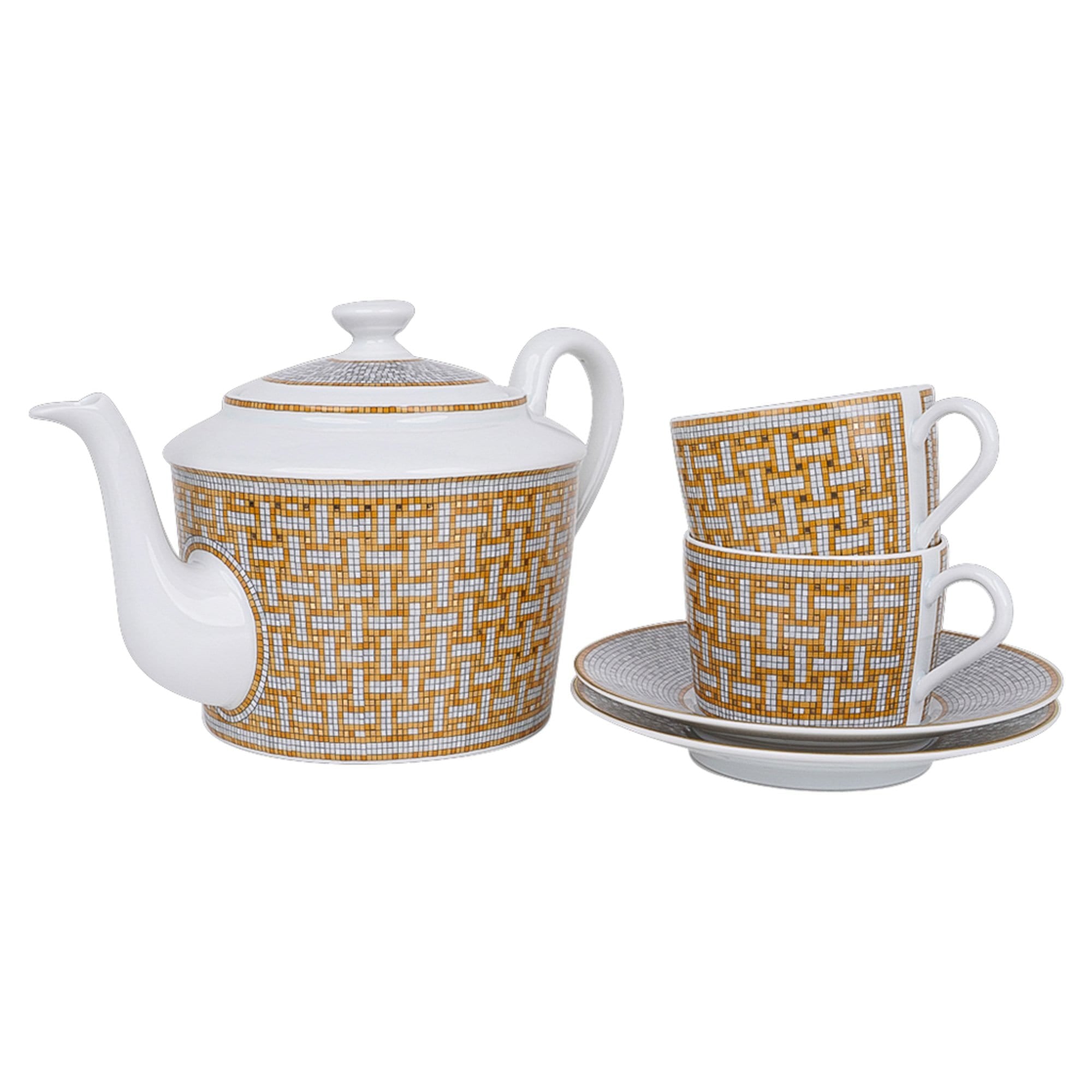 Hermes Mosaique Au 24 Gold Teapot Set of 4 Cup Saucer New w/Box