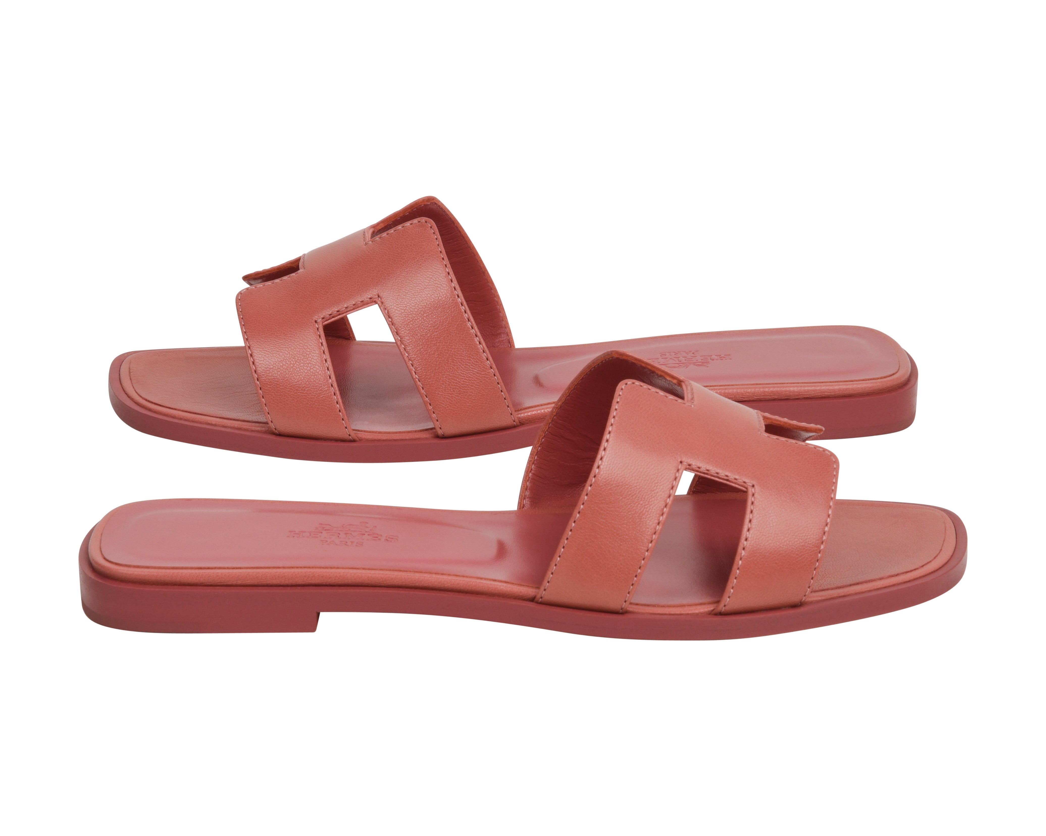 Hermes Oran Sandals Rouge Red Leather / Beige Canvas Sz 37.5 Brand New