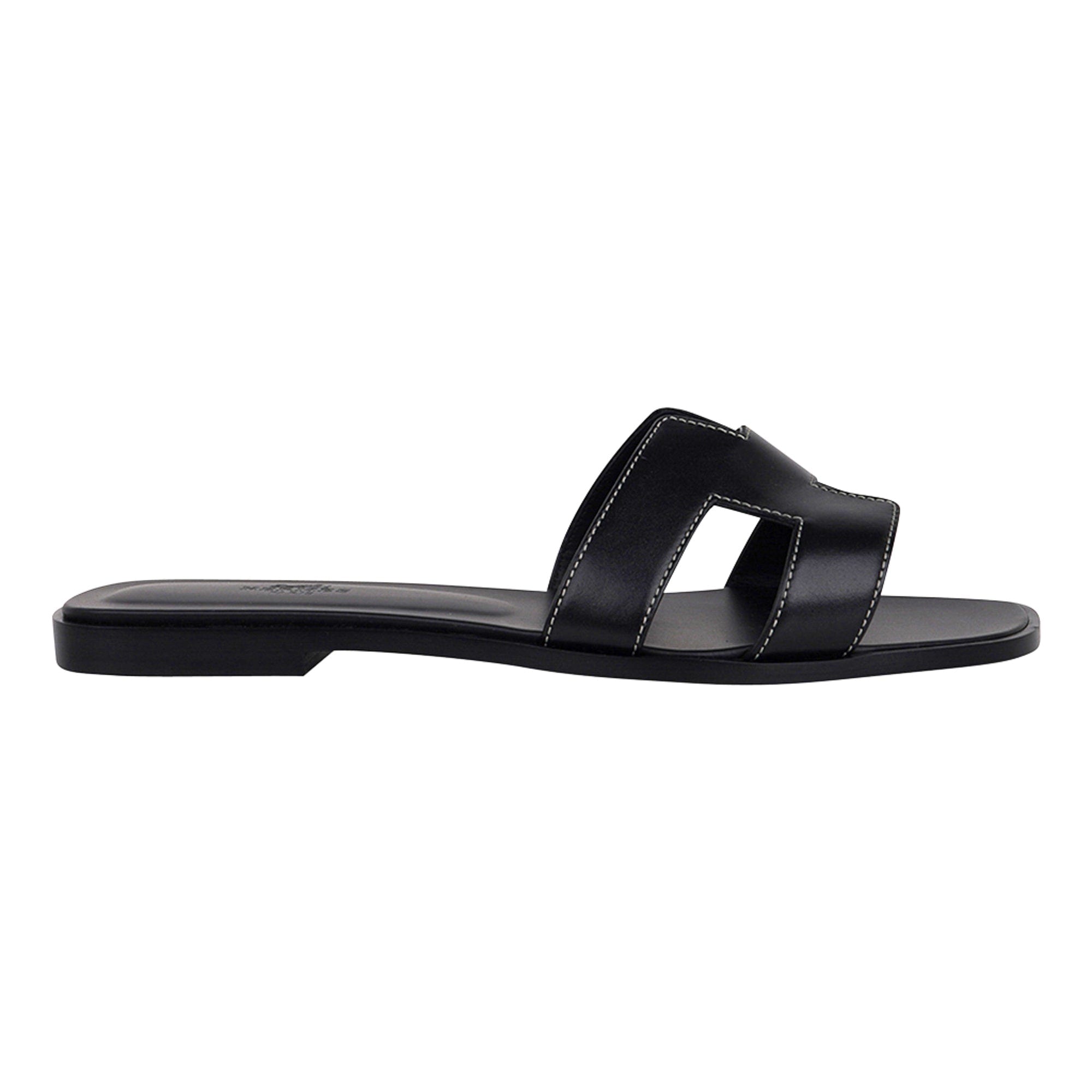 Hermes Oran Sandal Black Calfskin White Top Stitch Flat Shoes 37.5