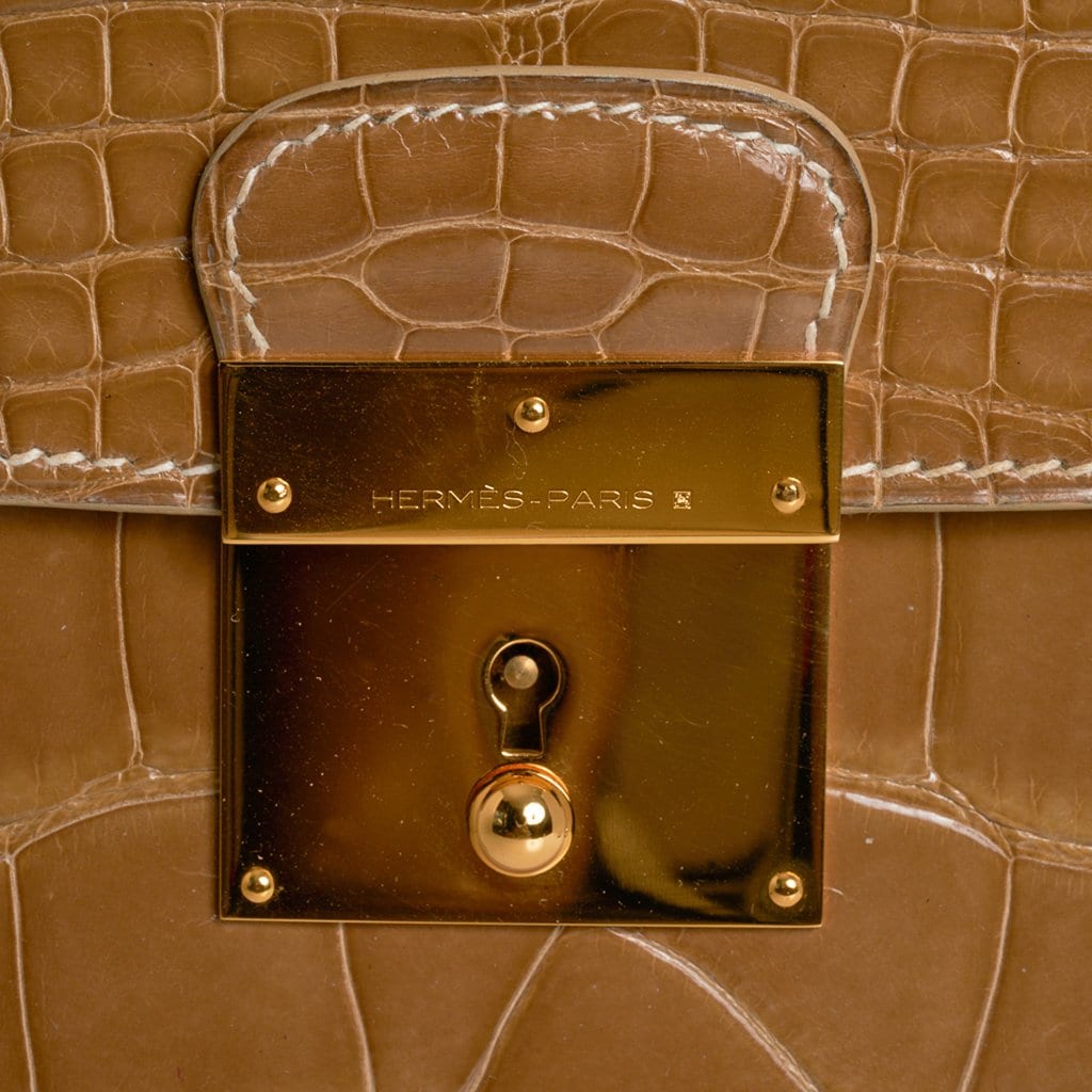 Hermes Briefcase Men's Unisex Quirus Portfolio Ficelle Alligator Gold Hardware
