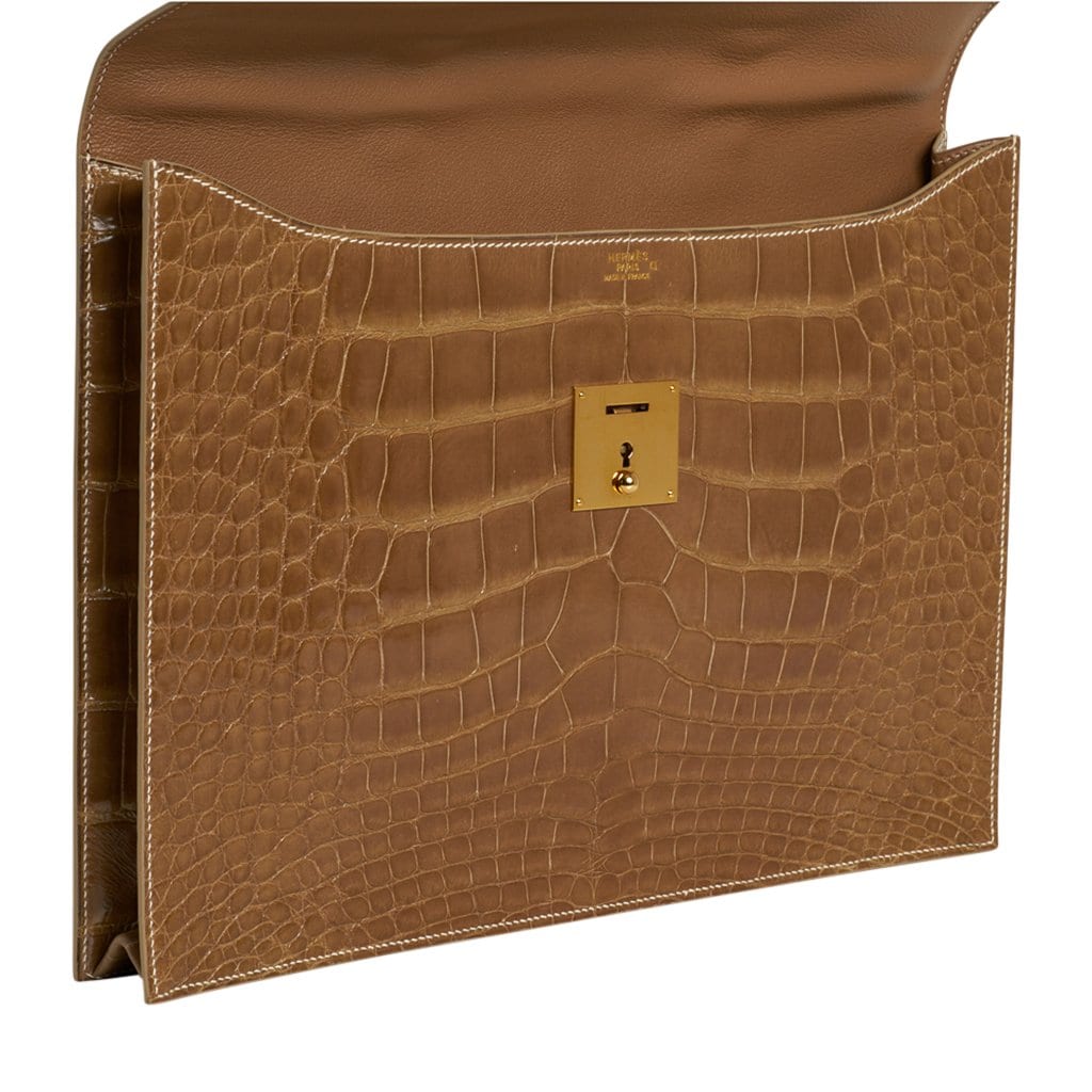 Hermes Briefcase Men's Unisex Quirus Portfolio Ficelle Alligator Gold Hardware