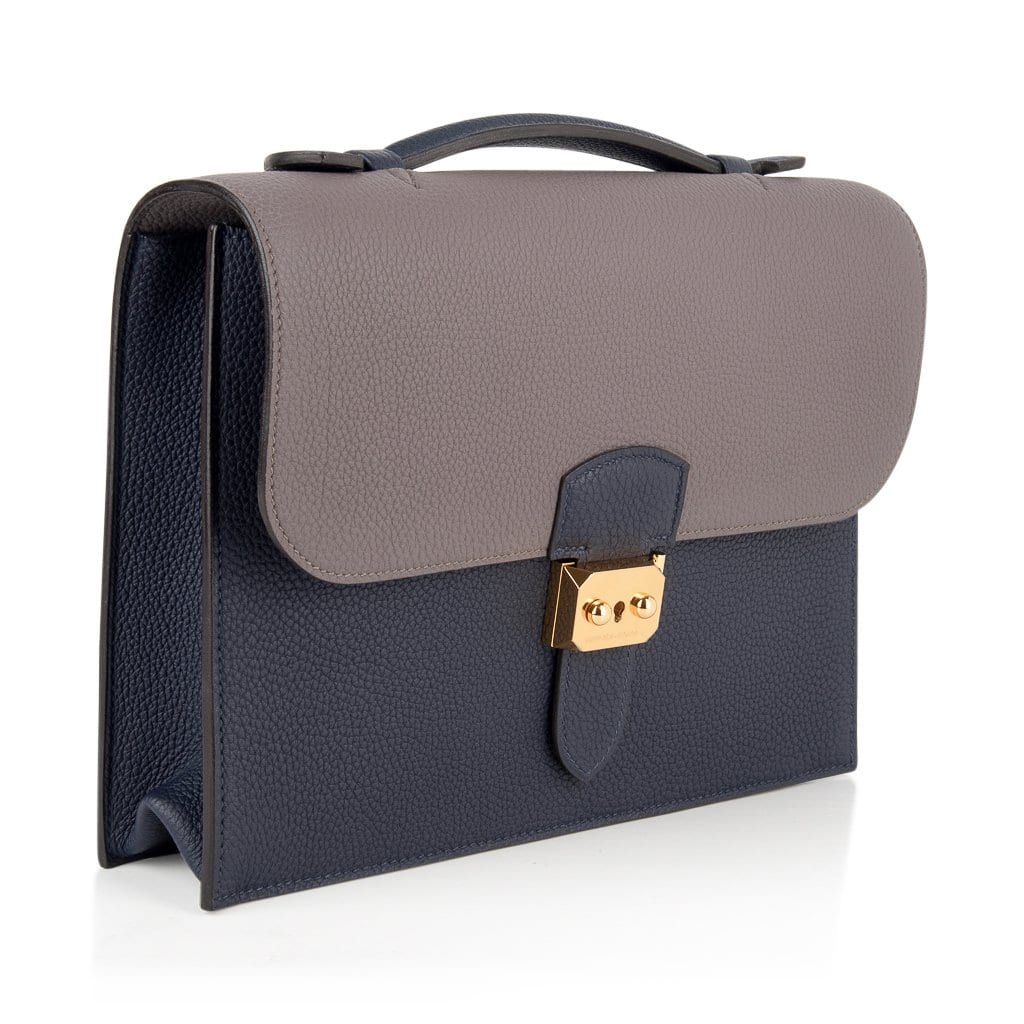 Hermes Sac A Depeche 27 Bag / Briefcase Limited Edition HSS Blue Nuit /  Etain • MIGHTYCHIC • 