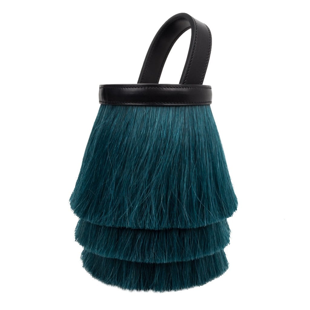 Hermes Toupet Bag Mini Fringed Bucket Horse Hair Vert Fonce Evercalf Noir •  MIGHTYCHIC • 