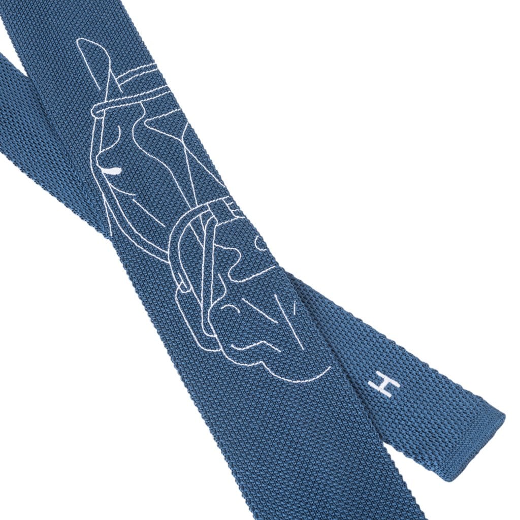 Hermes Tie Tete-A-Tete Equestre Tricot De Soie Blue Jean / Blanc