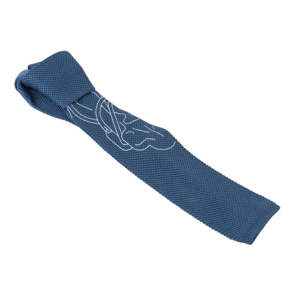 Hermes Tie Tete-A-Tete Equestre Tricot De Soie Blue Jean / Blanc
