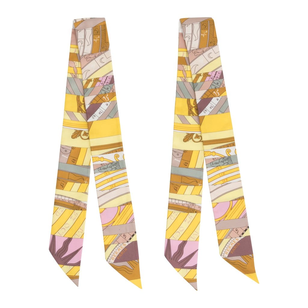 Hermes Twilly Astrologie Nouvelle Jaune Blanc Moutarde Silk Scarf Set of 2 - mightychic