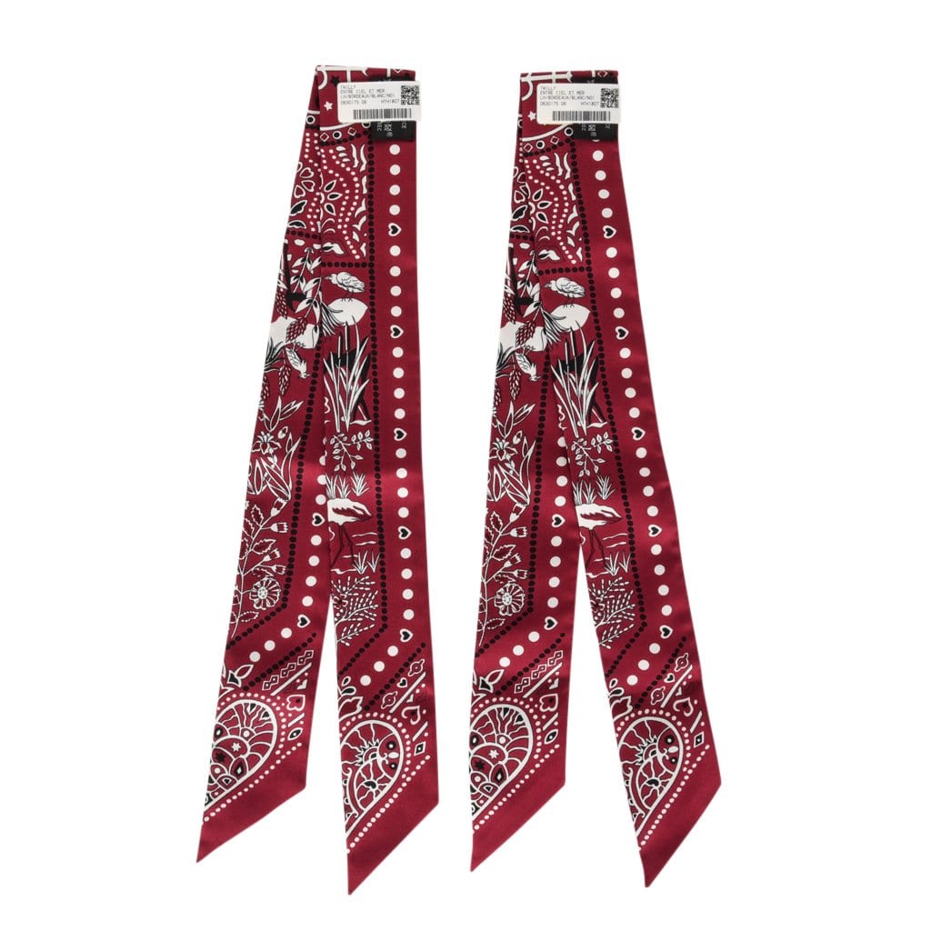 Hermes Twilly Entre Ciel Et Mer Bandana Set of Two Rouge Blanc Noir new - mightychic