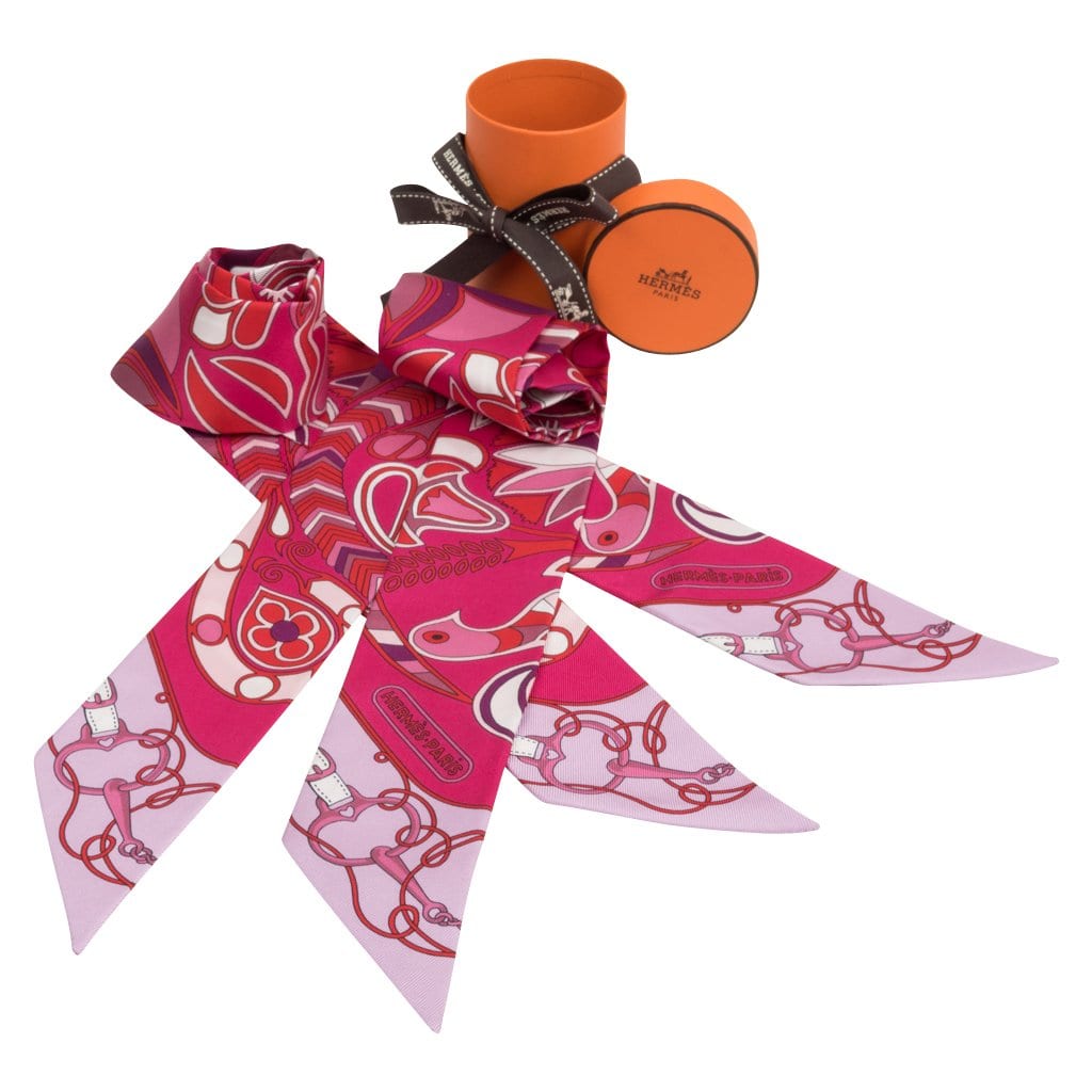 Hermes Twilly Folklore Fuchsia Rouge Rose Set of 2 New - mightychic