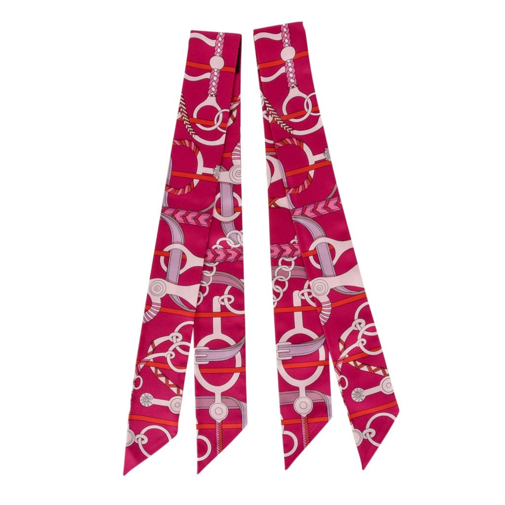 Hermes Twilly Silk Panoplie Equestre Fuchsia Rose Rouge Set of 2 - mightychic