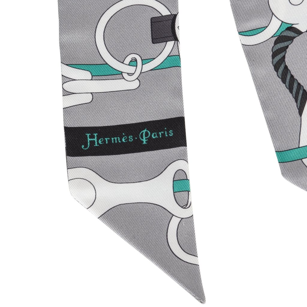 Hermes Twilly Silk Panoplie Equestre Gris Blanc Menthol Set of 2 - mightychic