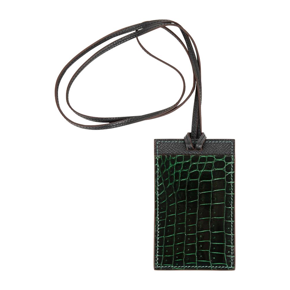 Hermes Lanyard Card Holder Vert Fonce Porosus Crocodile/ Black Epsom Bi-Color