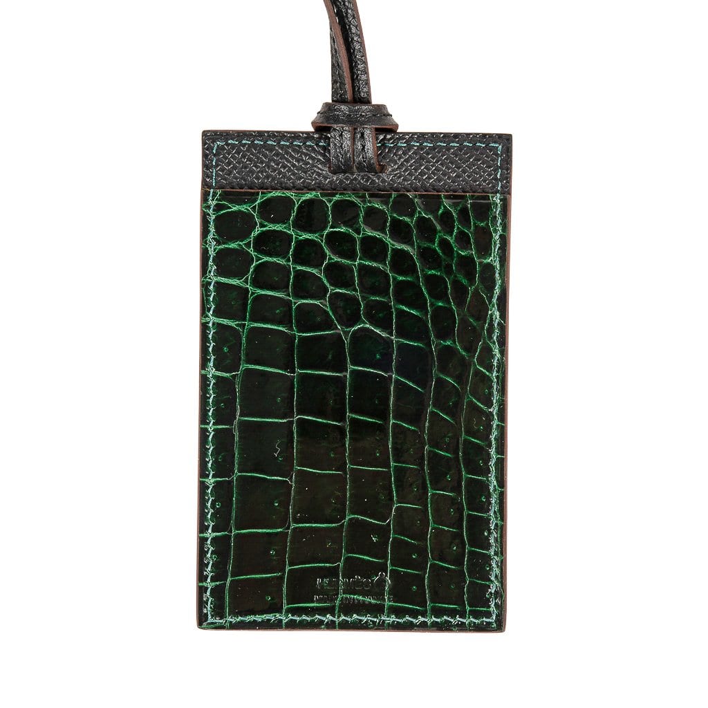 Hermes Lanyard Card Holder Vert Fonce Porosus Exotic / Black Epsom Bi-Color