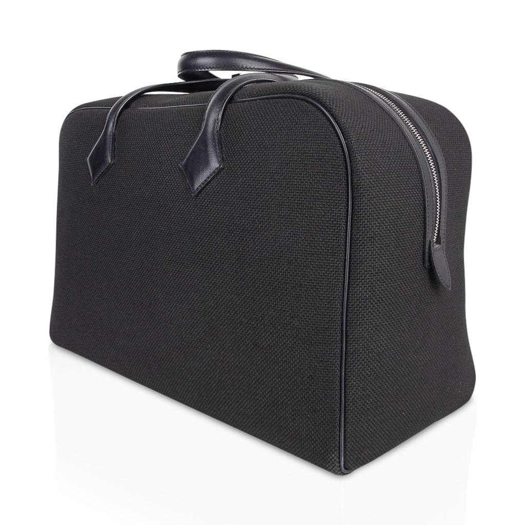 Hermes Victoria ll Fourre-Tout 43 Travel Bag Black Toile Palladium Hardware New