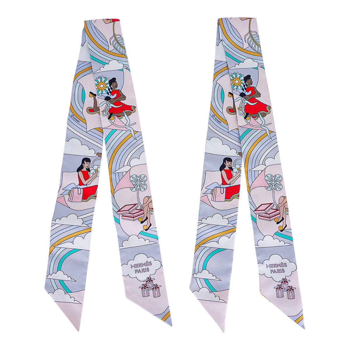 Hermes Twilly Carres Volants Gris Perle / Rose Pale Silk Scarf Set of 2