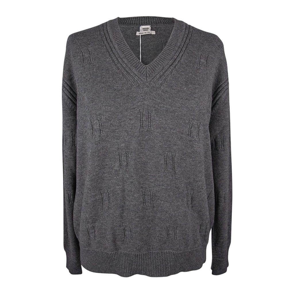 Hermes Sweater Voyage Wide V-Neck Gris Anthracite 40 / 6 New w/Pouch