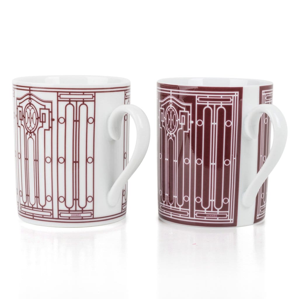 Hermes H Deco Mugs White with Rouge Porcelain Set of 2 New w/Box