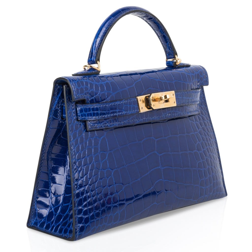 Hermès Kelly 20 Mini II Sellier Blue Sapphire Porosus Crocodile White