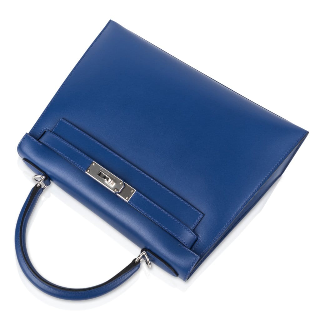 Hermes Kelly Sellier 28 Bag Blue Electric Tadelakt Leather Palladium Hardware