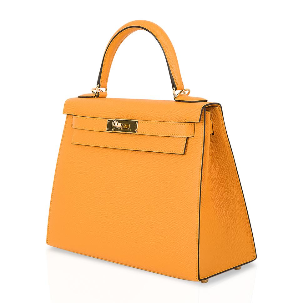 Hermès Kelly Gold Epsom and Jaune Ambre Verso Sellier 25 Palladium Hardware, 2021 (Very Good), Brown/Silver/Yellow Womens Handbag