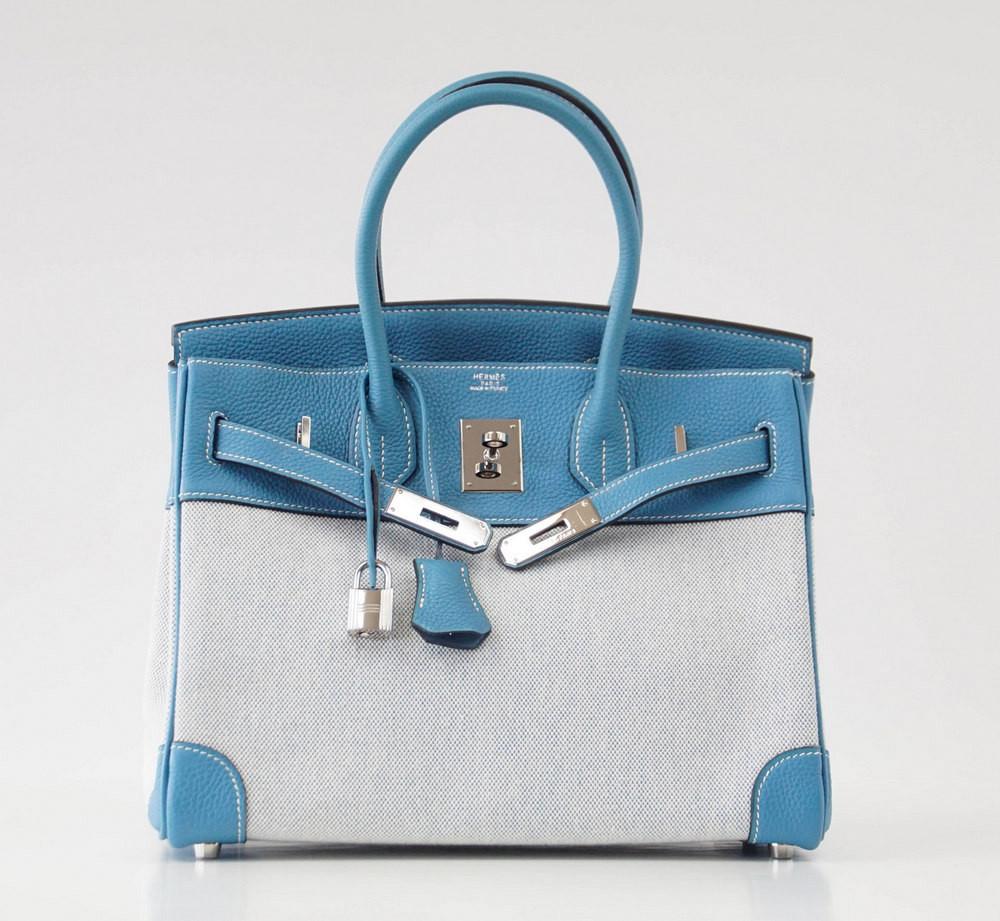 Hermes Birkin 30 Bag Toile Blue Jean Togo Leather Palladium