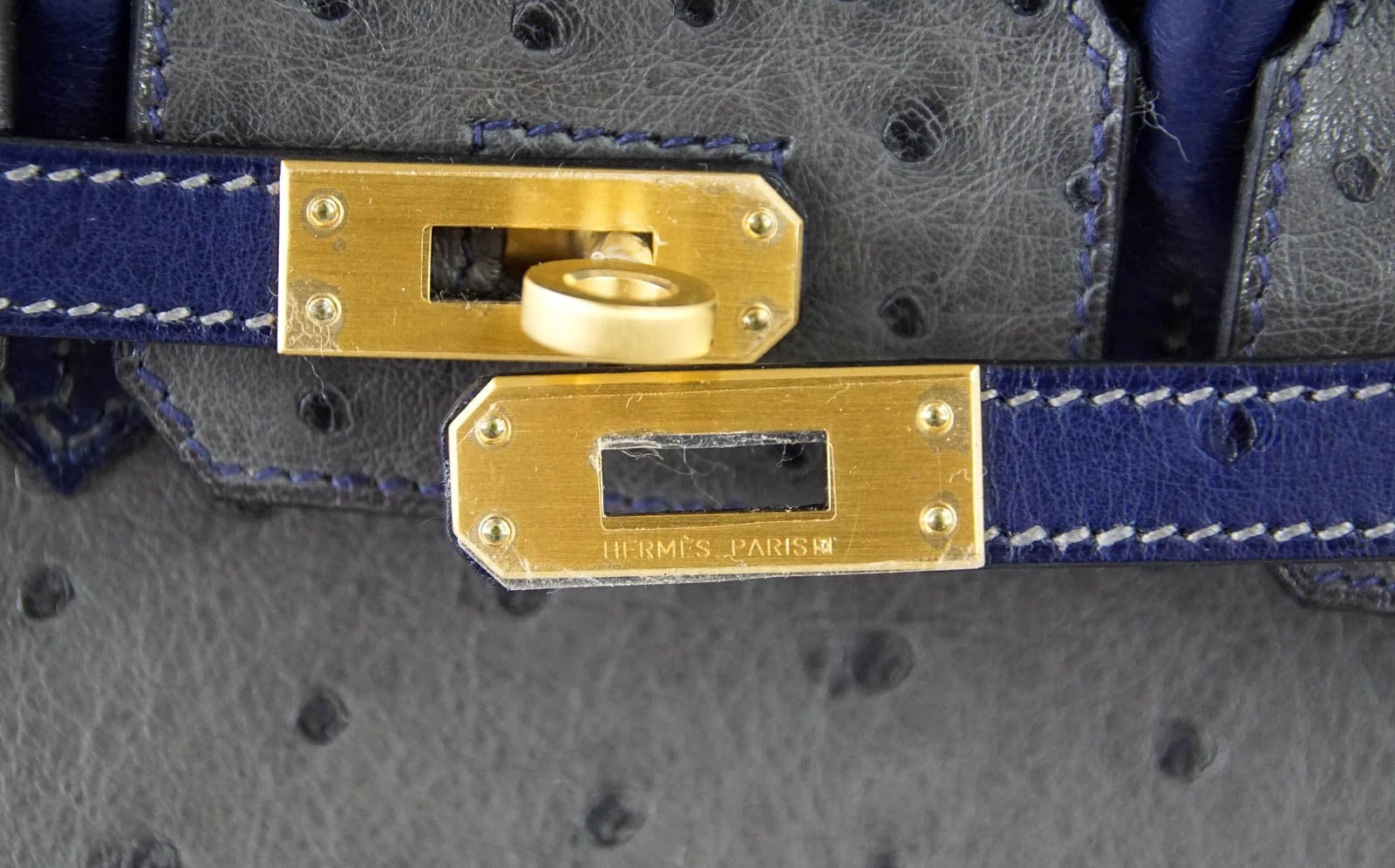Hermes Birkin 25 Bag HSS Ostrich Gris Agate/Blue Sapphire Brushed Gold –  Mightychic