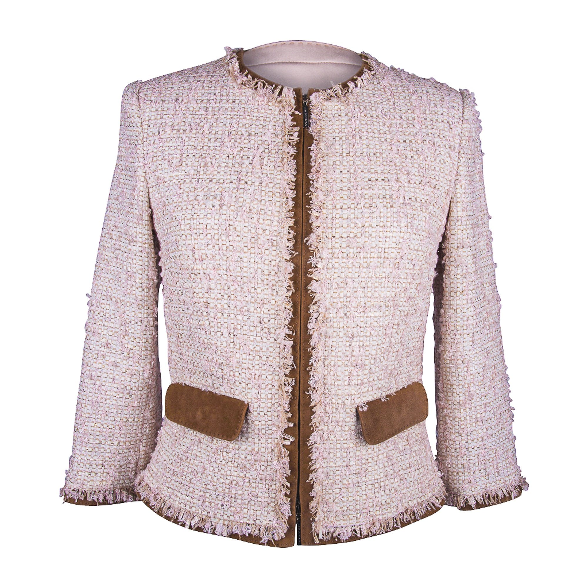 Les Copains Jacket Pink Fantasy Tweed Suede Edging Skirt Set 6 New