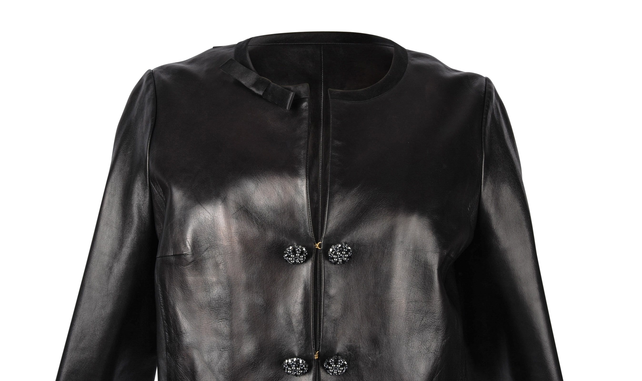 Louis Vuitton Jacket Black Leather Jeweled Buttons Floral Lining